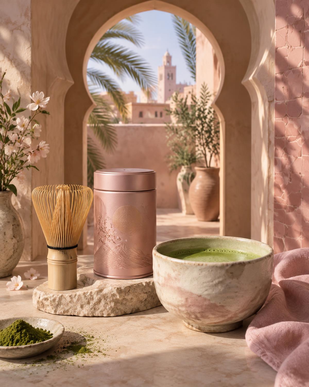 Rituel matcha japonais dans un décor marocain